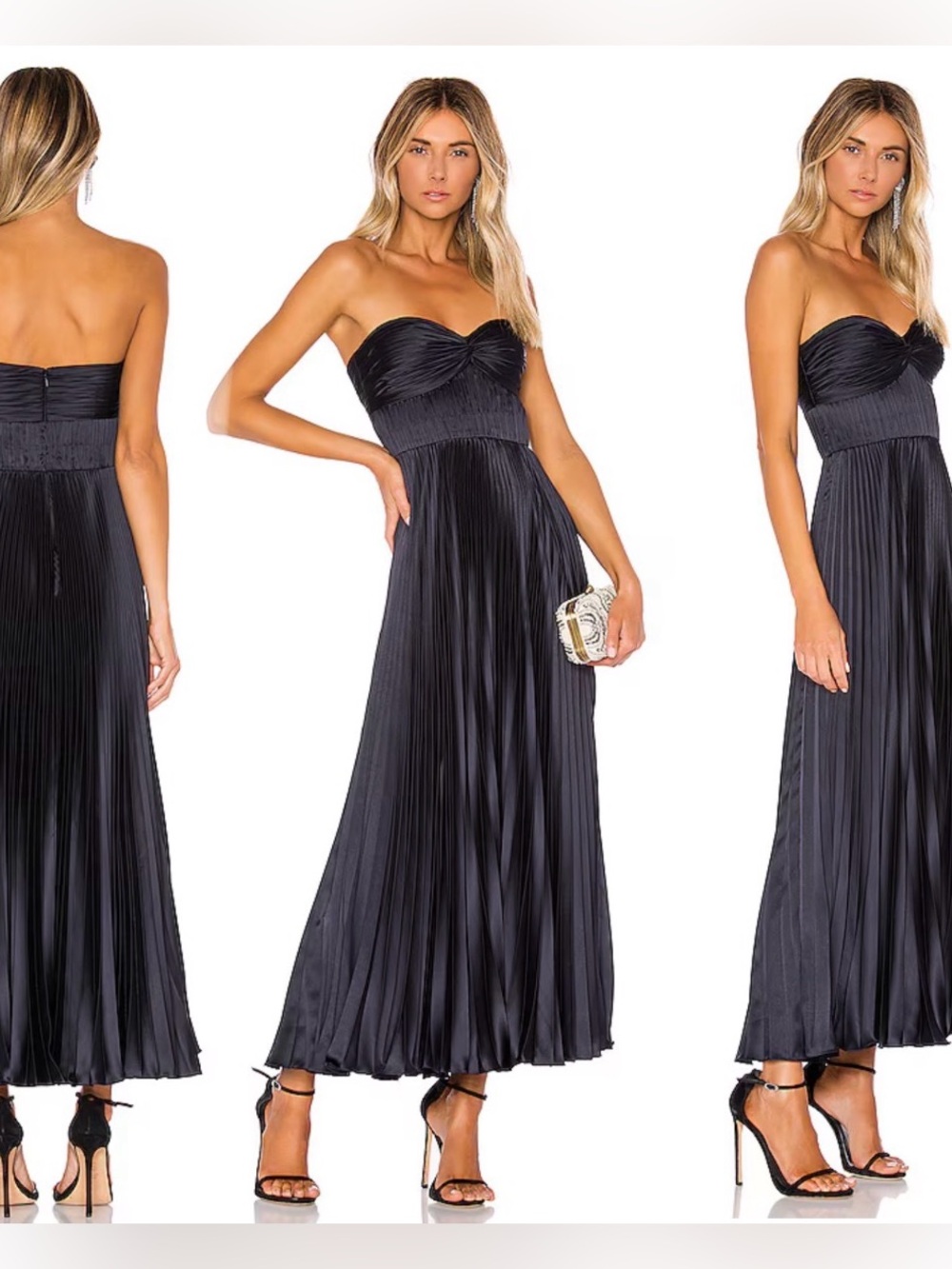 Revolve AMUR Belle Dress in Navy Strapless Black Pleated Maxi Dress size 8.
